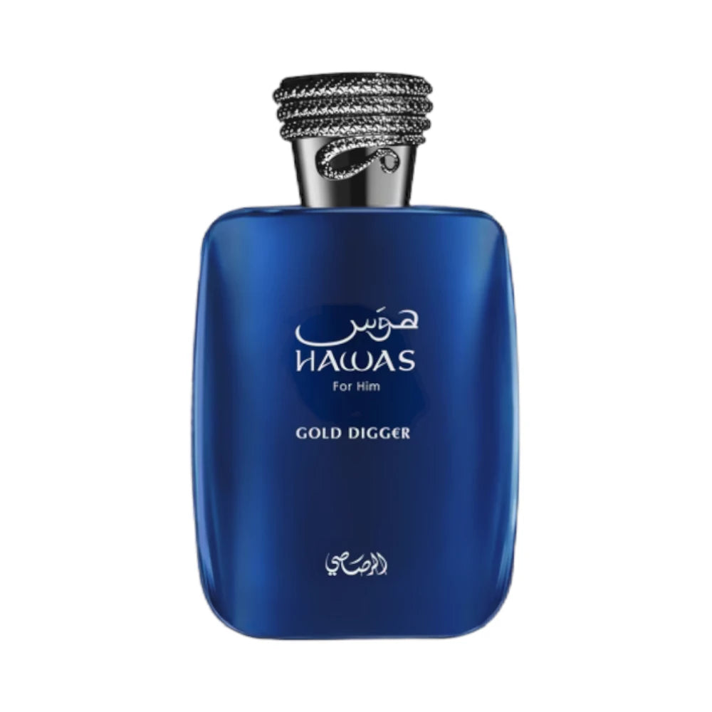 Hawas Gold Digger de Rasasi, fragancia amaderada aromática con pera, canela, vainilla y cedro.
