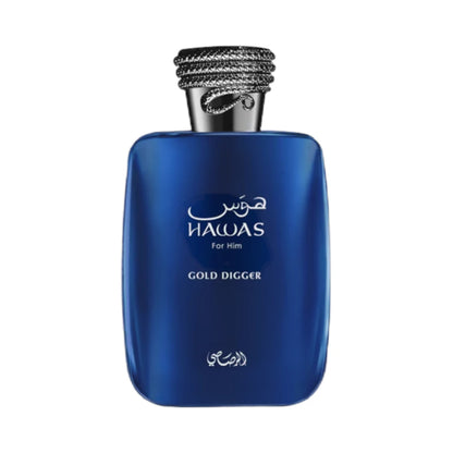 Hawas Gold Digger de Rasasi, fragancia amaderada aromática con pera, canela, vainilla y cedro.