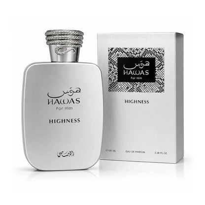 Hawas Highness For Him de Rasasi, fragancia ambarada floral con cítricos, violeta y cedro. Elegante.