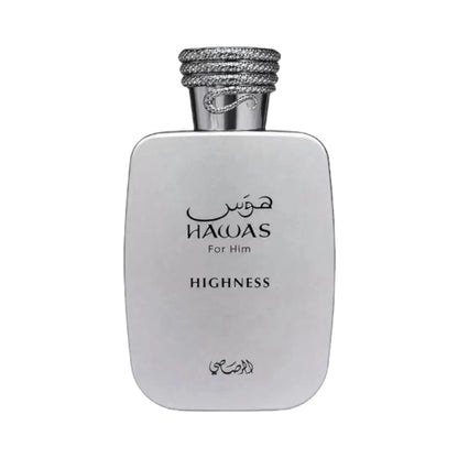Hawas Highness For Him de Rasasi, fragancia ambarada floral con cítricos, violeta y cedro. Elegante.