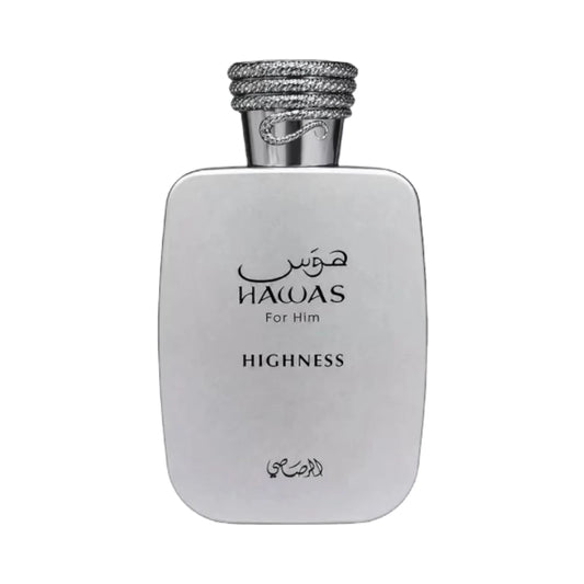 Hawas Highness For Him de Rasasi, fragancia ambarada floral con cítricos, violeta y cedro. Elegante.