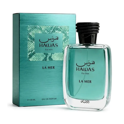 Hawas La Mer de Rasasi, fragancia amaderada aromática con menta, grosella negra, higo y ámbar.