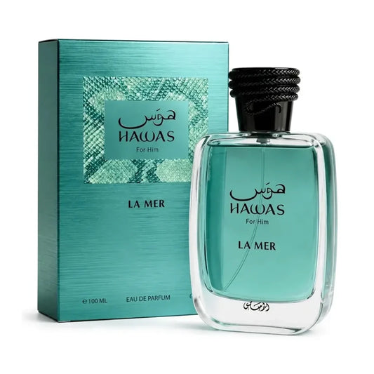 Hawas La Mer de Rasasi, fragancia amaderada aromática con menta, grosella negra, higo y ámbar.
