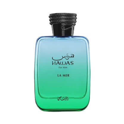Hawas La Mer de Rasasi, fragancia amaderada aromática con menta, grosella negra, higo y ámbar.