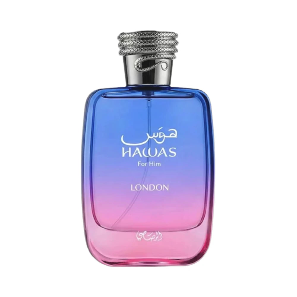 Hawas London de Rasasi, fragancia ambarada amaderada con azafrán, rosa y vainilla. Elegante.
