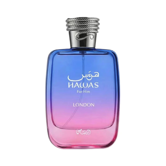 Hawas London de Rasasi, fragancia ambarada amaderada con azafrán, rosa y vainilla. Elegante.