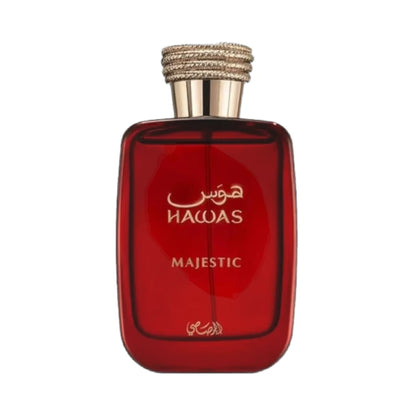 Hawas Majestic de Rasasi, fragancia ambarada especiada con azafrán, ámbar gris y cedro.