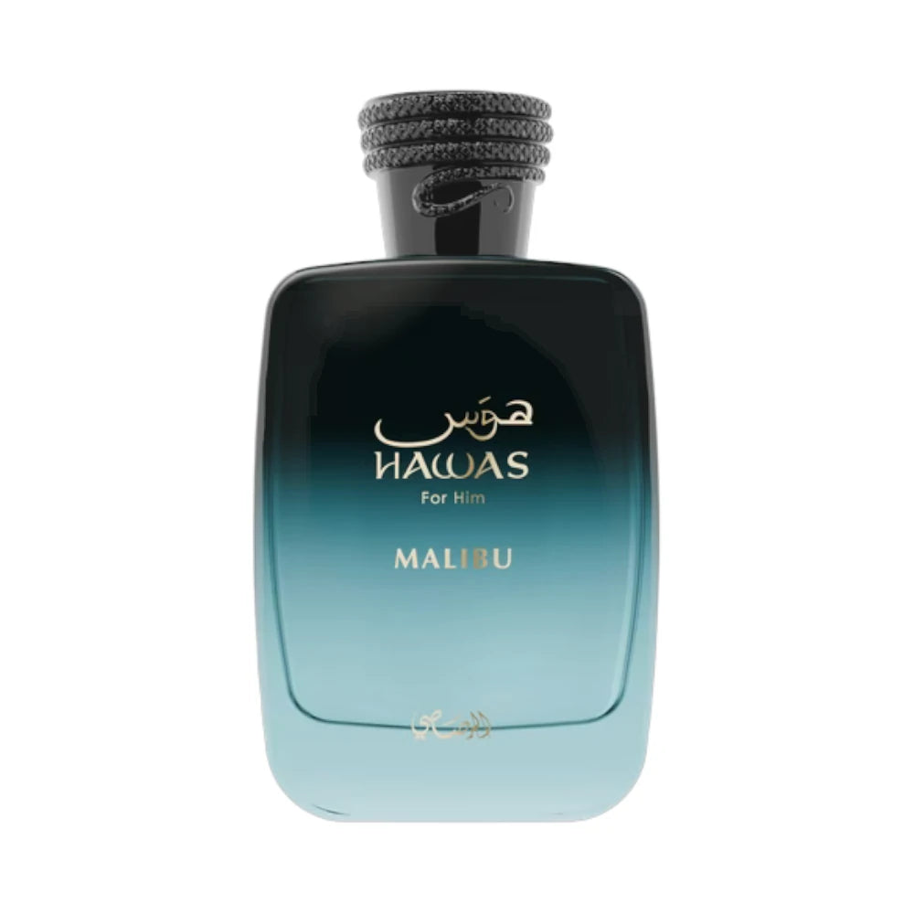Hawas Malibu For Him de Rasasi, fragancia aromática frutal con piña, lavanda y tonka. Tropical.