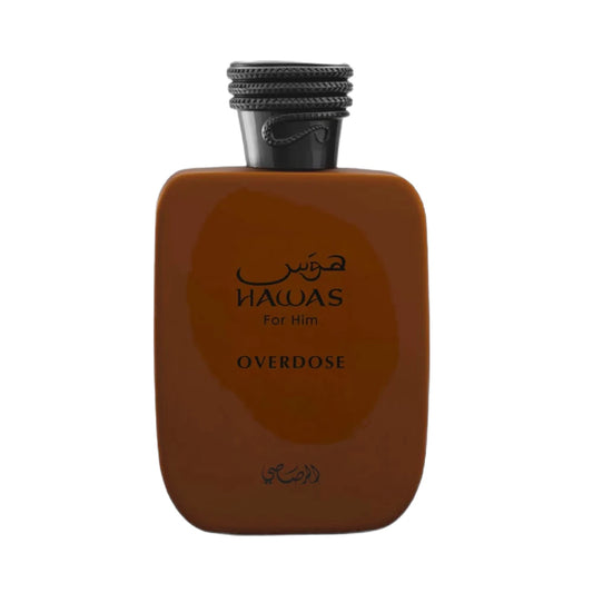 Hawas Overdose de Rasasi, fragancia ambarada especiada con azahar, praliné y ámbar gris. Magnética.