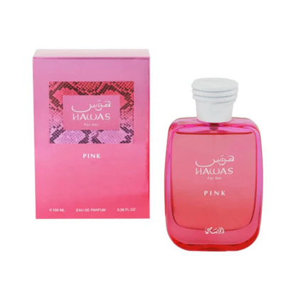 Hawas Pink For Her de Rasasi, fragancia ambarada vainilla con canela, malvavisco y tonka. Dulce.