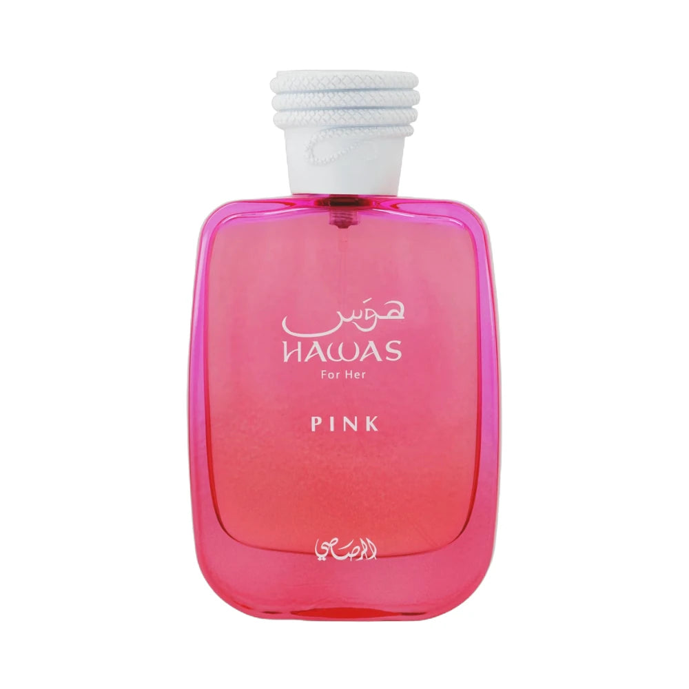Hawas Pink For Her de Rasasi, fragancia ambarada vainilla con canela, malvavisco y tonka. Dulce.