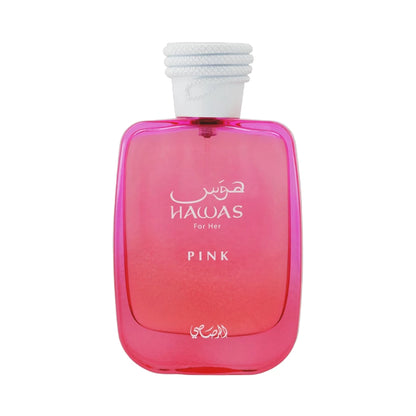 Hawas Pink For Her de Rasasi, fragancia ambarada vainilla con canela, malvavisco y tonka. Dulce.