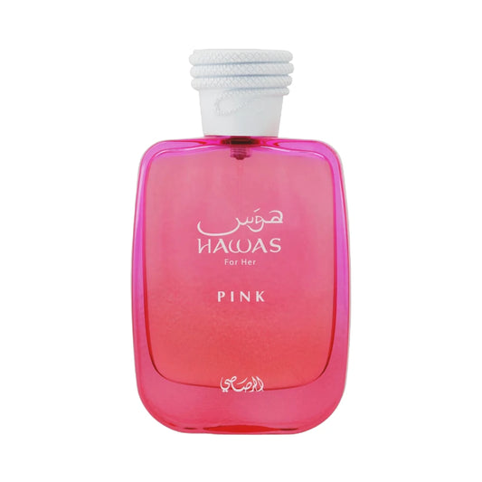 Hawas Pink For Her de Rasasi, fragancia ambarada vainilla con canela, malvavisco y tonka. Dulce.