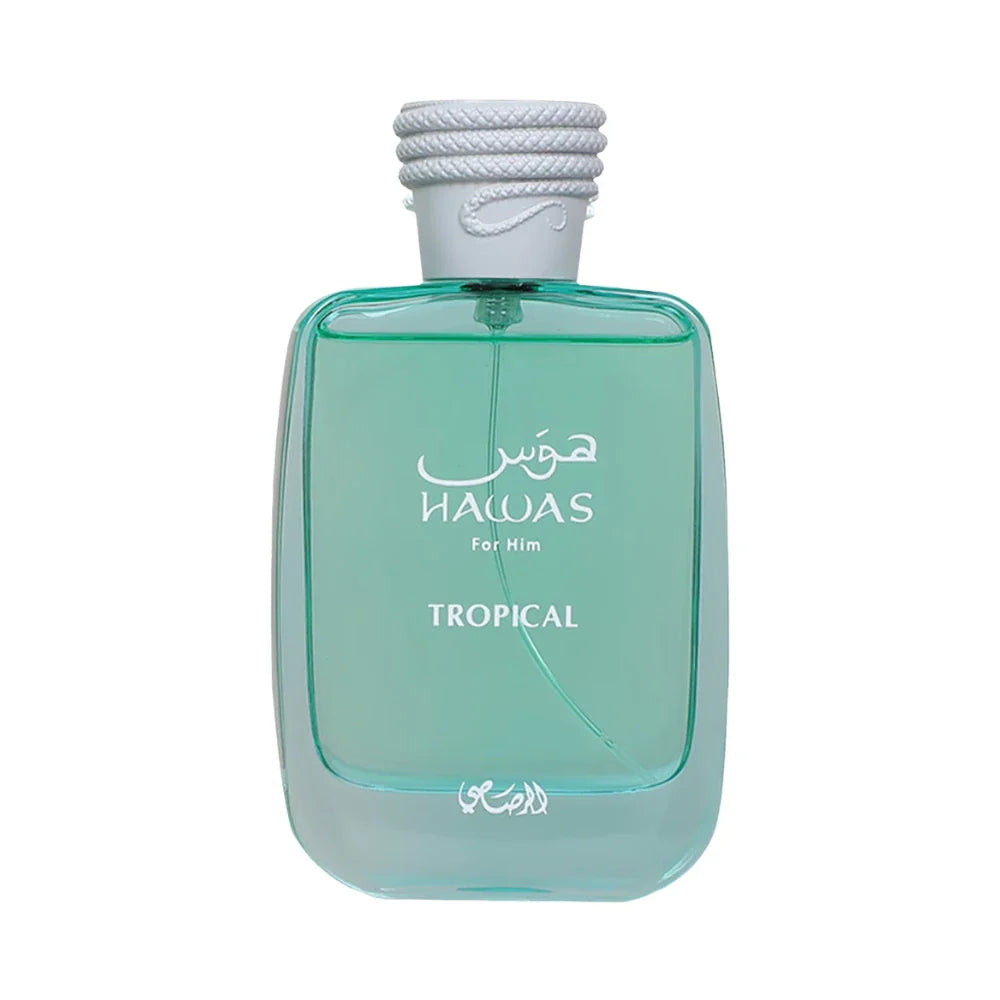 Hawas Tropical de Rasasi, fragancia aromática frutal con coco, higo, menta y sándalo. Exótica y refrescante.