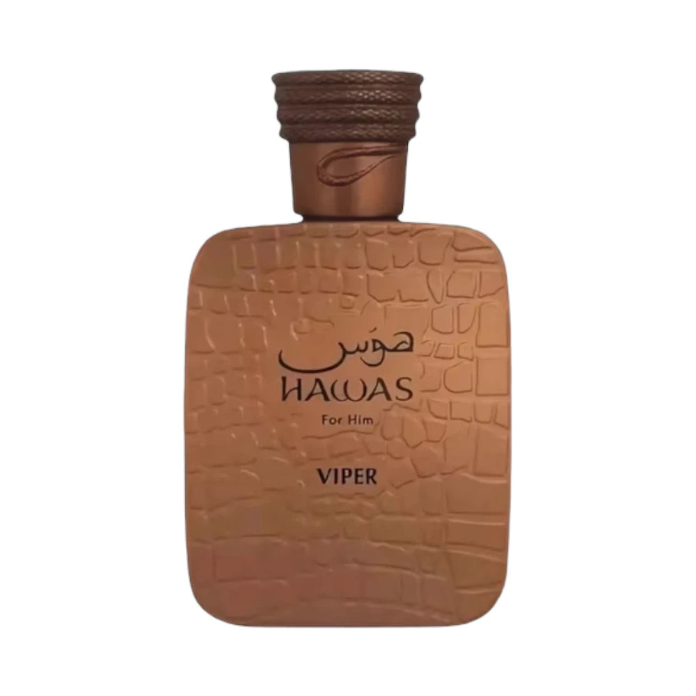 Hawas Viper For Him de Rasasi, fragancia ambarada amaderada con azafrán, tabaco y tonka.