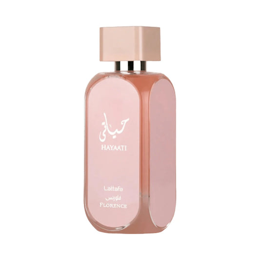 Hayaati Florence de Lattafa, perfume árabe floral frutal gourmand de carácter femenino, luminoso y dulce