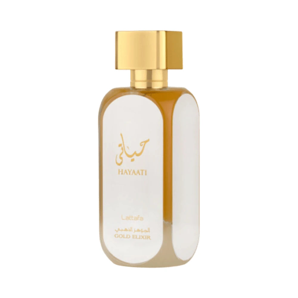 Hayaati Gold Elixir de Lattafa, perfume árabe ambarado amaderado especiado de carácter cálido, dulce y especiado