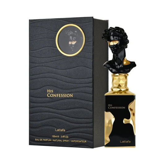 His Confession de Lattafa, perfume árabe ambarado amaderado especiado de carácter elegante, cálido y envolvente