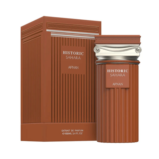 Historic Sahara de Afnan: frasco y caja del perfume de 100 ml.
