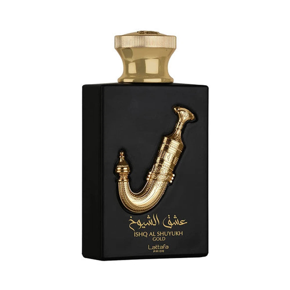 Ishq Al Shuyhuk Gold de Lattafa, perfume árabe ambarado vainilla de carácter elegante, cálido y envolvente