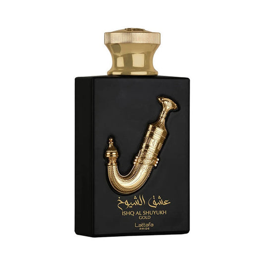 Ishq Al Shuyhuk Gold de Lattafa, perfume árabe ambarado vainilla de carácter elegante, cálido y envolvente