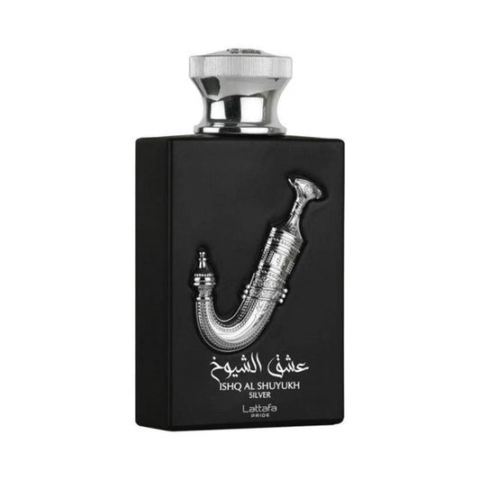 Ishq Al Shuyhuk Silver de Lattafa, perfume árabe ambarado de carácter cálido, luminoso y fresco