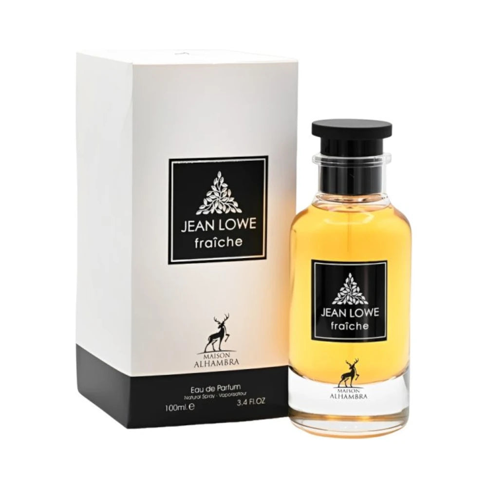 Jean Lowe Fraiche de Maison Alhambra: frasco y caja del perfume de 100 ml.