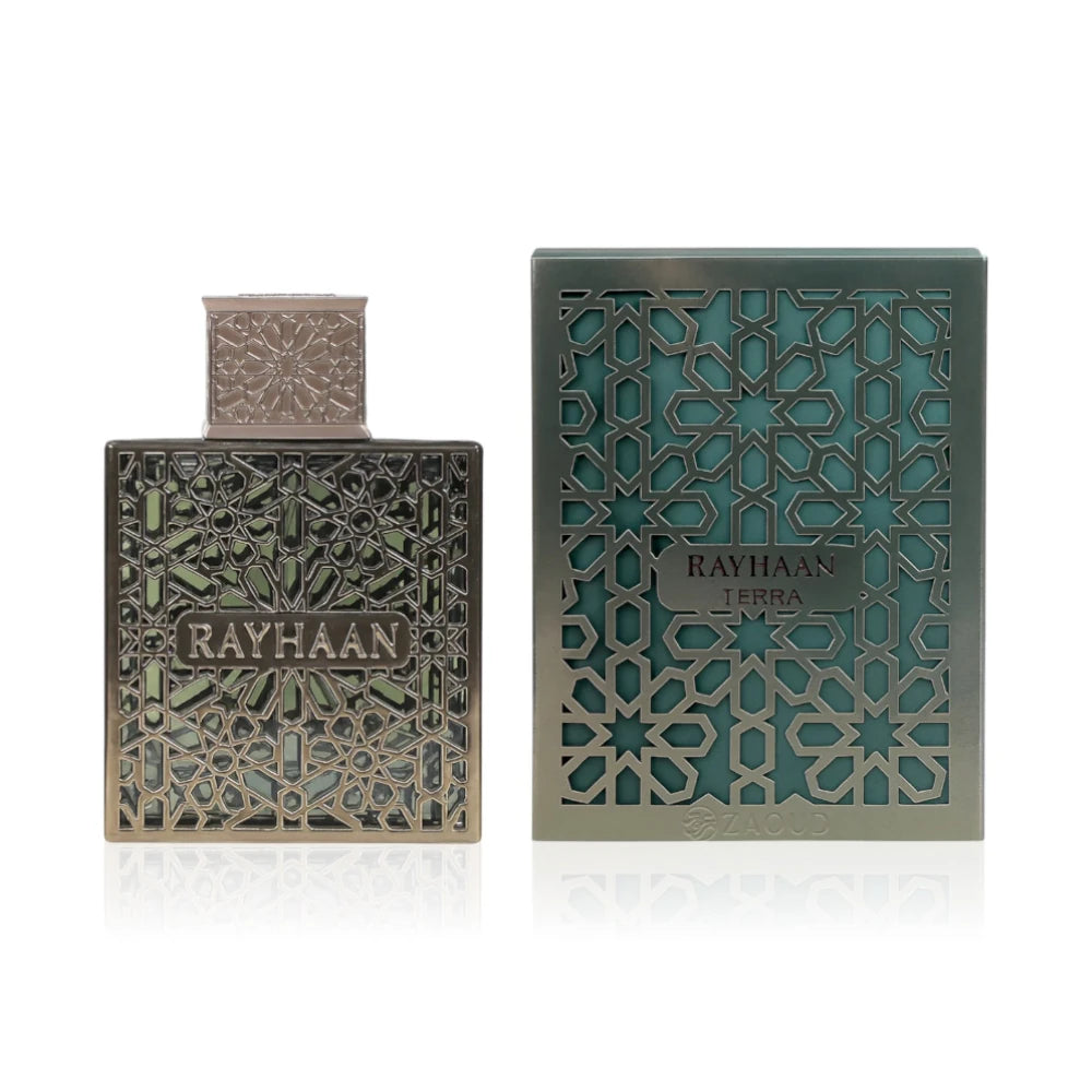 Terra de Rayhaan, fragancia ambarada especiada con cardamomo, azafrán, incienso y oud.