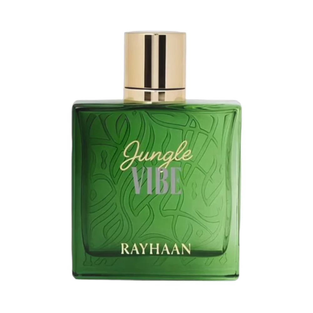 Jungle Vibe de Rayhaan, fragancia aromática verde con higo, notas acuáticas y sándalo. Fresca y natural.