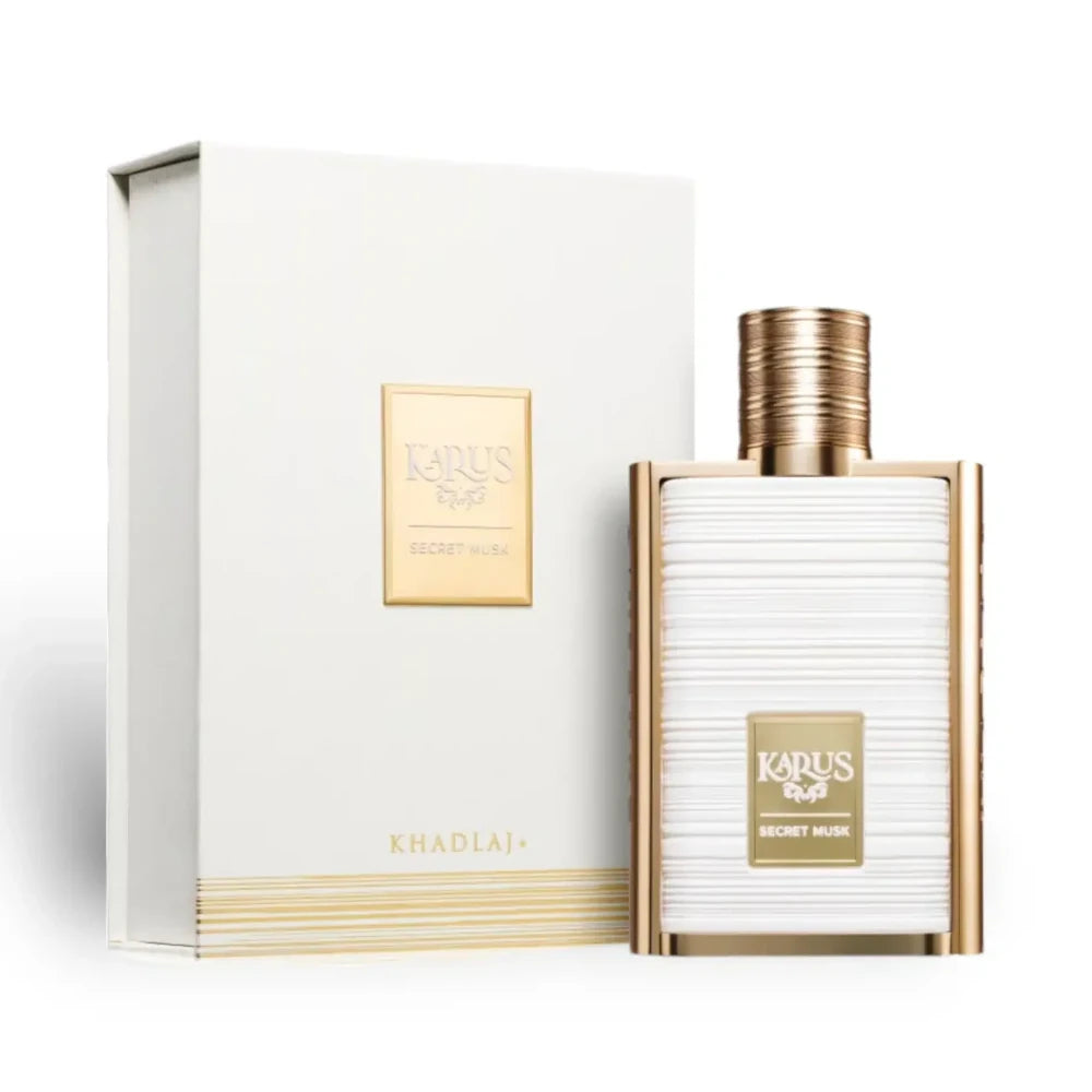 Karus Secret Musk de Khadlaj, fragancia ambarada gourmand con azafrán, chocolate, rosa y almizcle.