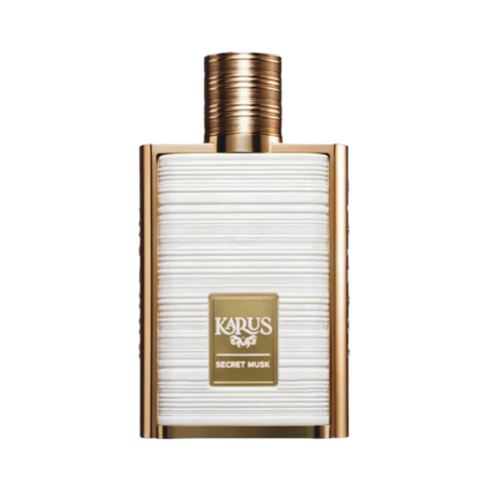 Karus Secret Musk de Khadlaj, fragancia ambarada gourmand con azafrán, chocolate, rosa y almizcle.