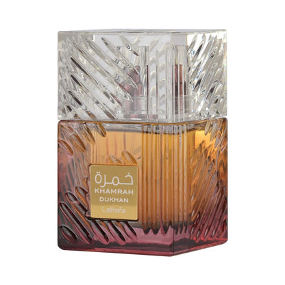 Khamrah Dukhan de Lattafa, perfume árabe ambarado especiado de carácter intenso, sofisticado y especiado