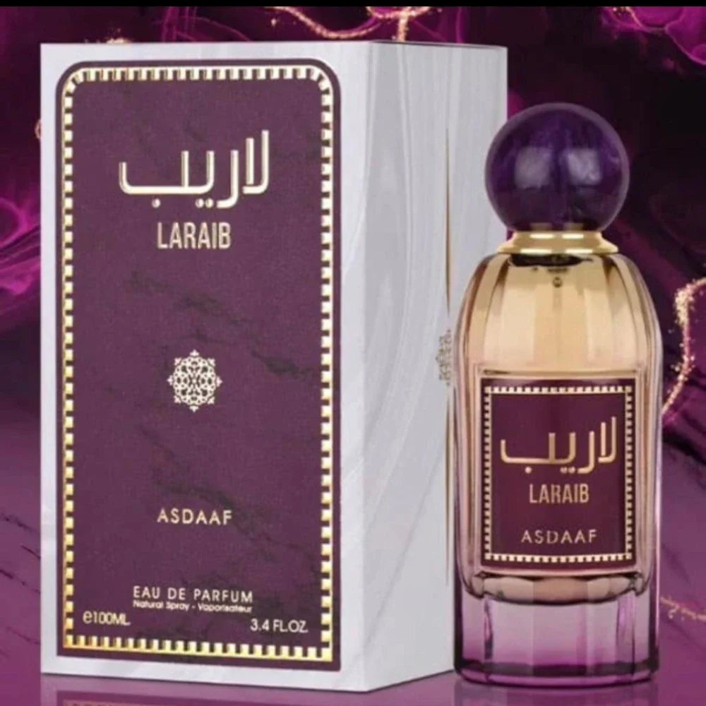 Laraib de Asdaaf, fragancia floral vainilla con violeta, rosa y vainilla. Delicada, suave y envolvente.