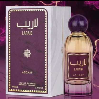 Laraib de Asdaaf, fragancia floral vainilla con violeta, rosa y vainilla. Delicada, suave y envolvente.
