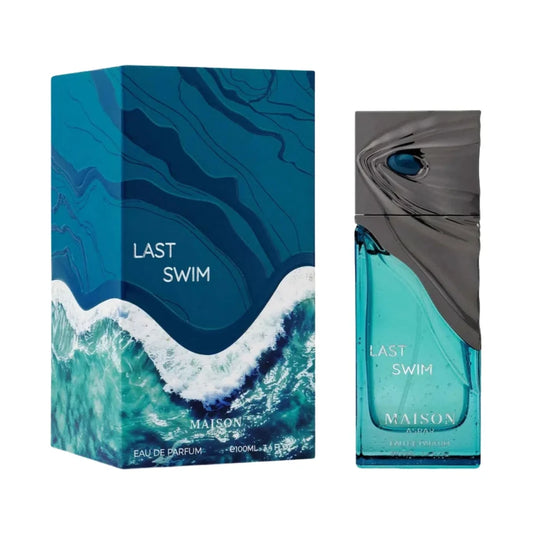 Last Swim de Maison Asrar: frasco y caja del perfume de 100 ml.