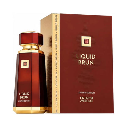 Liquid Brun Limited Edition de French Avenue, fragancia ámbarada amaderada con cardamomo, lavanda y cítricos sobre flor de azahar, gaiac y rosa, y un fondo de vainilla, ámbar, tonka y musgo de roble. Frasco y caja.