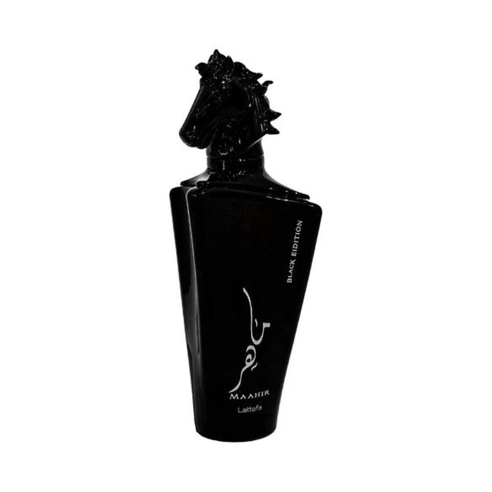 Maahir Black de Lattafa, perfume árabe ambarado especiado de carácter intenso, especiado y profundo