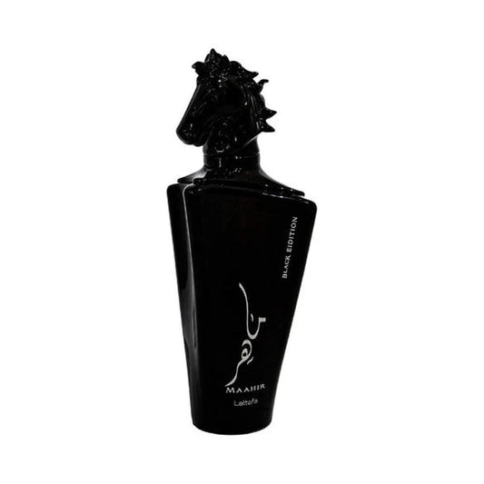 Maahir Black de Lattafa, perfume árabe ambarado especiado de carácter intenso, especiado y profundo