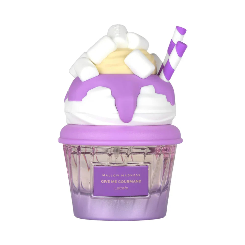 Mallow Madness de Lattafa Perfumes, fragancia ámbar gourmand con fresa, frambuesa, malvavisco, crema batida, vainilla y almizcle. Muy dulce y divertida.