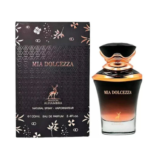 Mia Dolcezza de Maison Alhambra: frasco y caja del perfume de 100 ml.