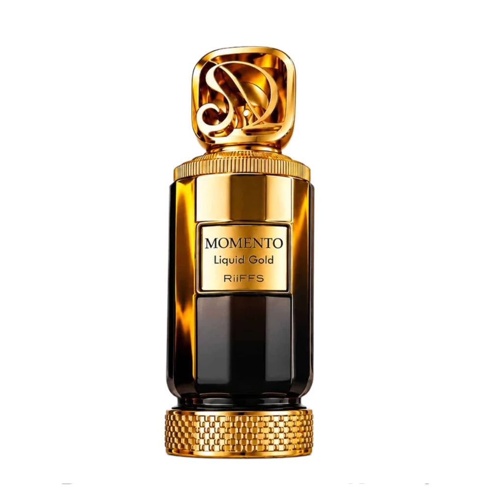 Momento Liquid Gold de Riiffs, fragancia oriental amaderada con azafrán, rosa, oud y caramelo