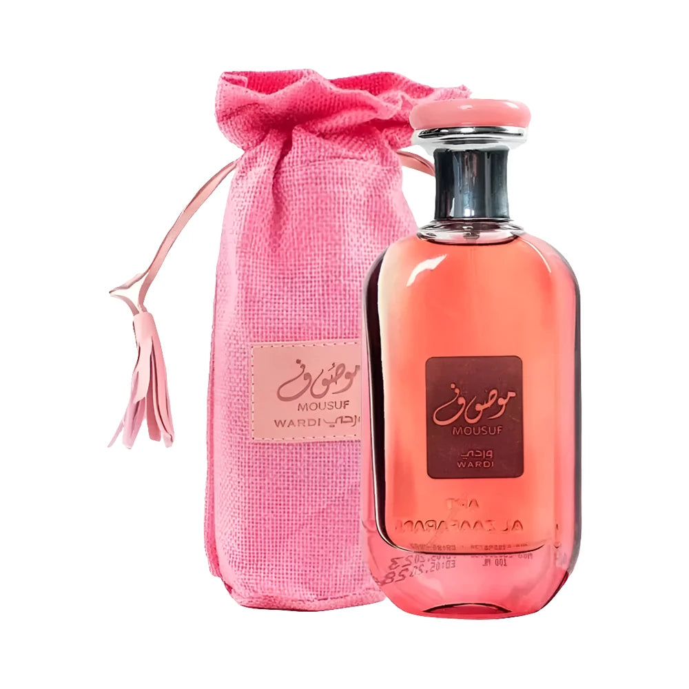 Mousuf Wardi Pink de Lattafa, perfume árabe floral frutal gourmand de carácter cálido, dulce y gourmand