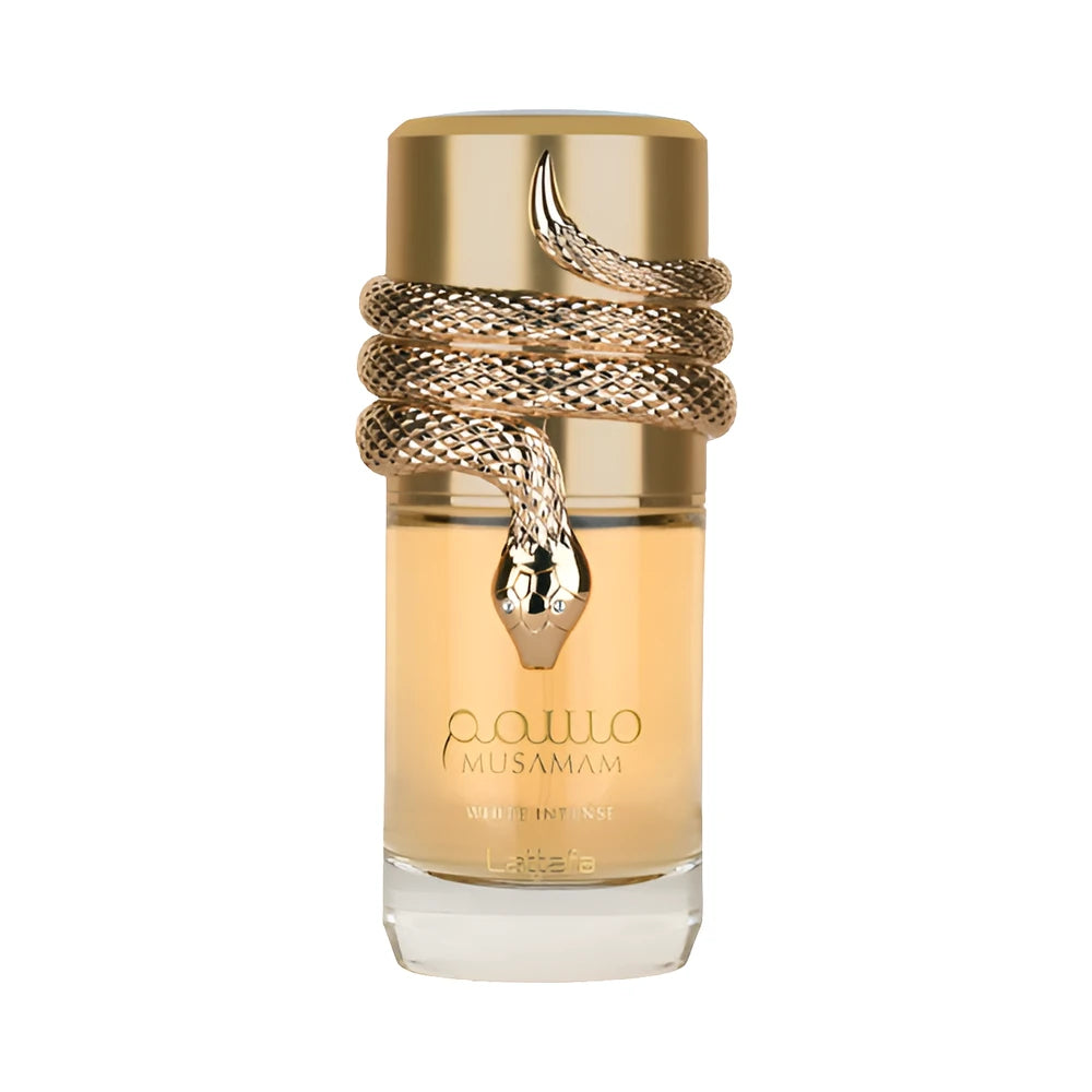 Musamam White Intense de Lattafa, perfume árabe ambarado amaderado de carácter elegante, cálido y luminoso