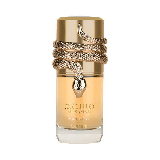 Musamam White Intense de Lattafa, perfume árabe ambarado amaderado de carácter elegante, cálido y luminoso