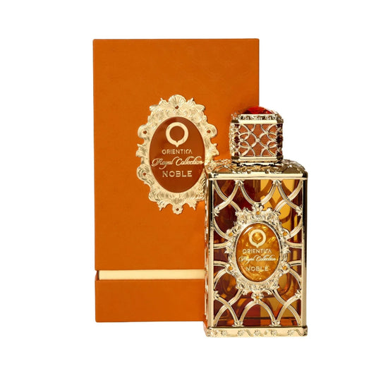 Noble de Orientica: frasco y caja del perfume de 80 ml.