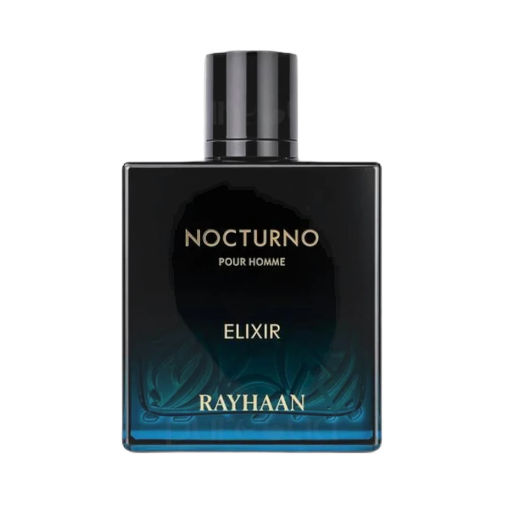 Nocturno Elixir de Rayhaan, fragancia ambarada amaderada con limón, lavanda y sándalo. Elegante.