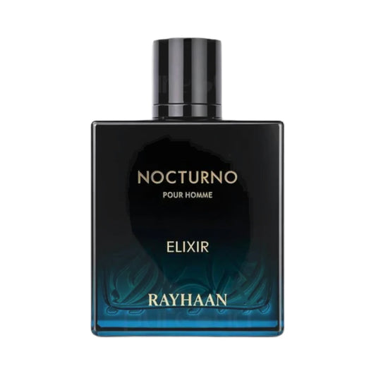 Nocturno Elixir de Rayhaan, fragancia ambarada amaderada con limón, lavanda y sándalo. Elegante.