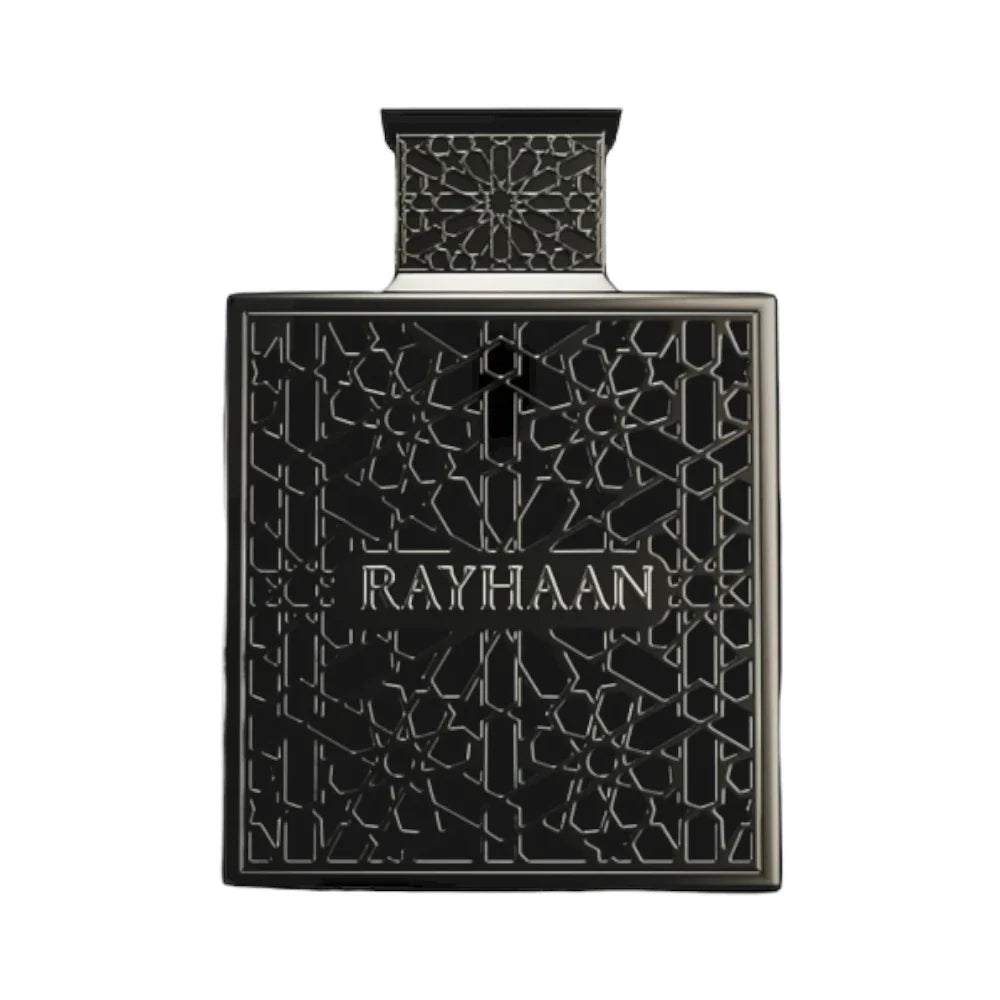 Obsidian de Rayhaan, fragancia amaderada con iris y cítricos, corazón cuero y fondo de sándalo, ambreta, cedro y oud. Oscura y sofisticada.