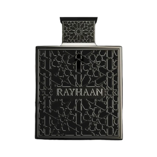 Obsidian de Rayhaan, fragancia amaderada con iris y cítricos, corazón cuero y fondo de sándalo, ambreta, cedro y oud. Oscura y sofisticada.
