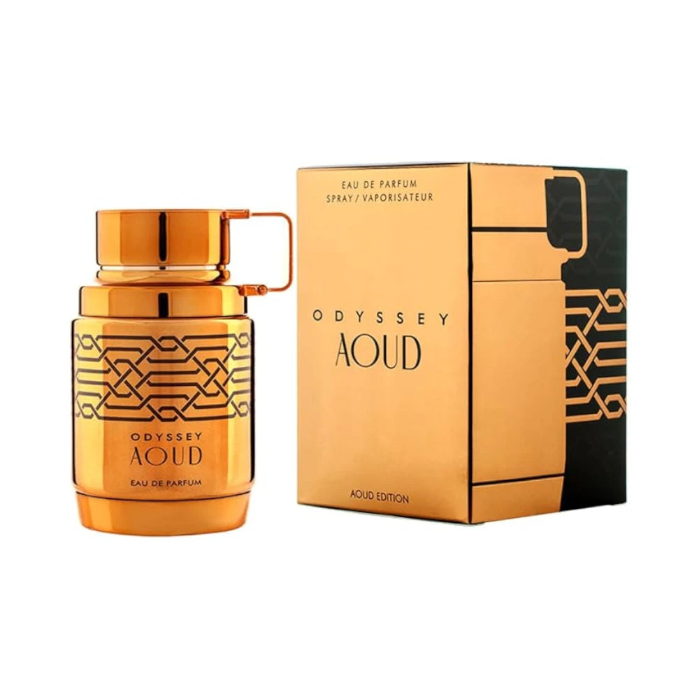 Odyssey Aoud de Armaf: frasco y caja del perfume de 100 ml.